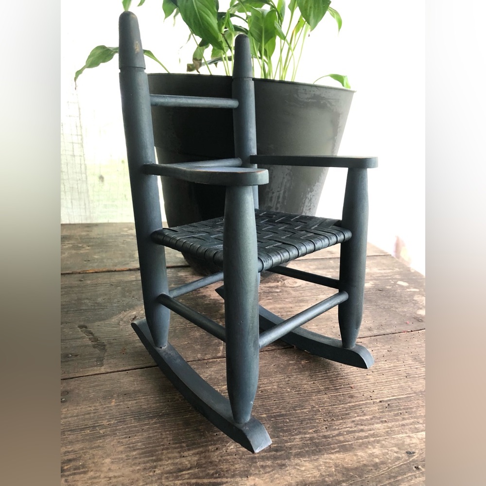 7484 Vintage Slate Blue Doll Size Wooden Rocking Chair Woven Seat